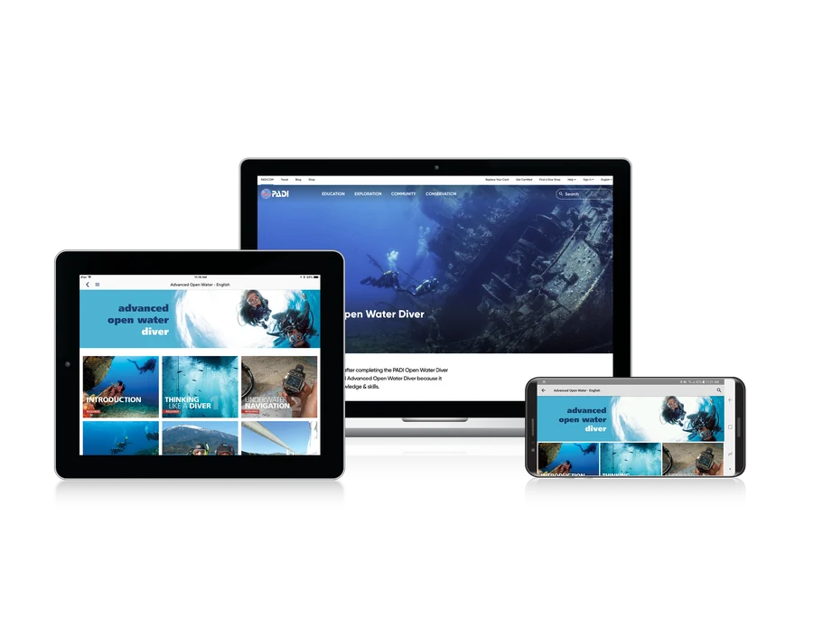Digitale PADI-Lernmaterialien für PADI Advanced Open Water Diver auf Computer, Tablet und Smartphone