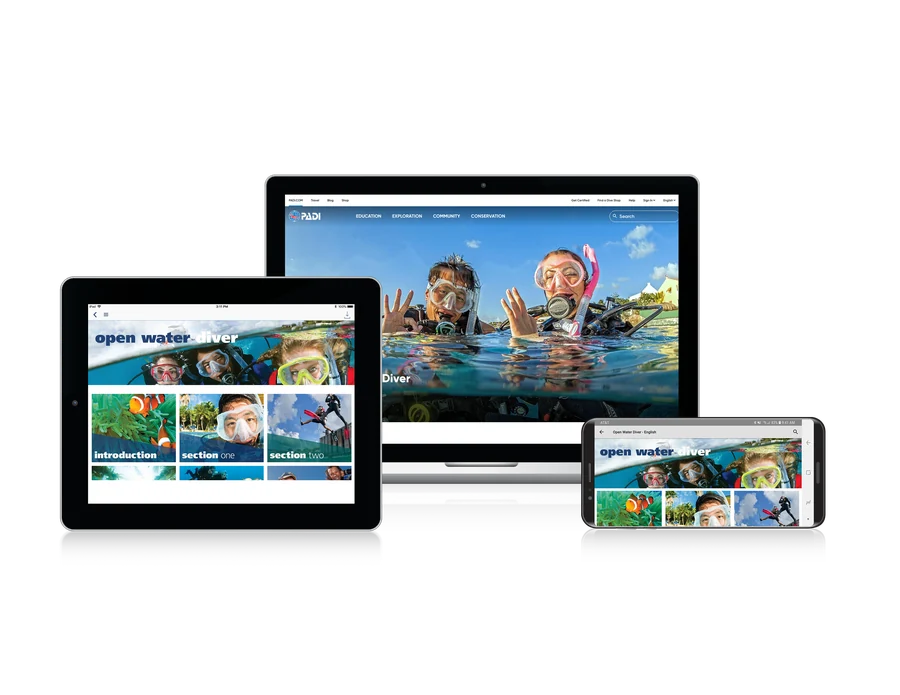 Digitale PADI-Lernmaterialien für PADI Open Water Diver auf Computer, Tablet und Smartphone