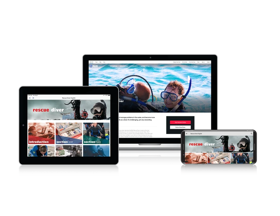 Digitale PADI-Lernmaterialien für PADI Rescue Diver auf Computer, Tablet und Smartphone